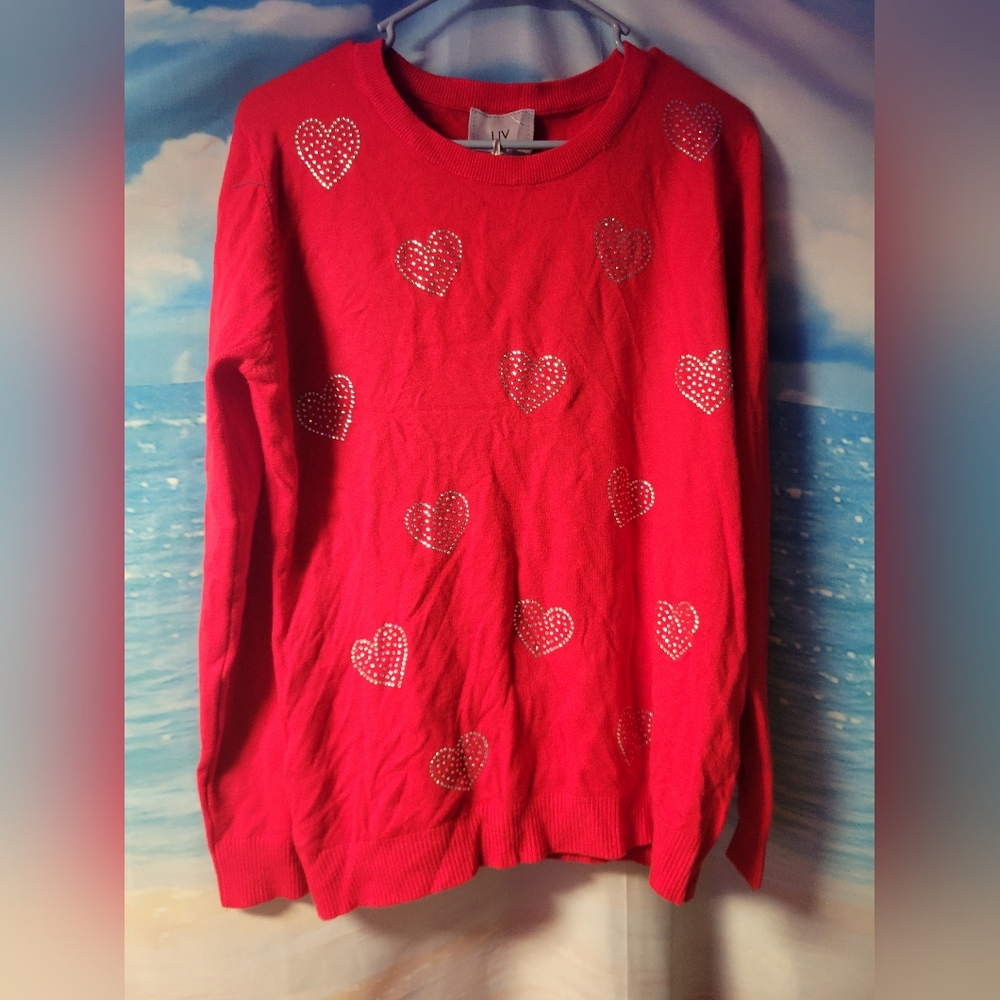 Liv Milano NWT Red & Silver‎ Heart Sweater Size Large Women's